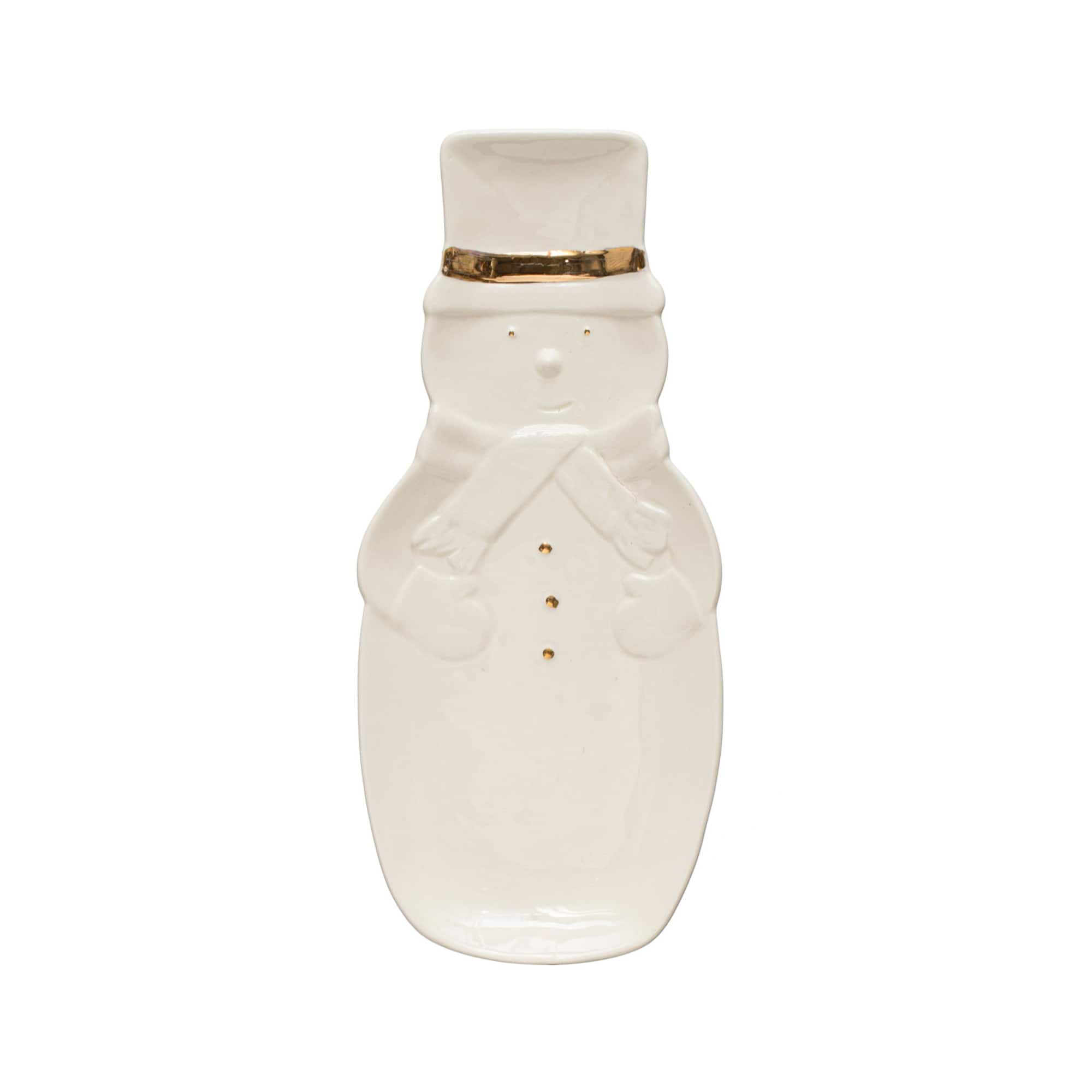 Hello Honey® 12" White Debossed Stoneware Snowman Plate with Gold Electroplating